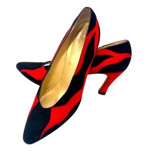 Norma B Sophisticated Black Red Zebra Stripe Suede Mobwife Heels 3.5 inch 8.5